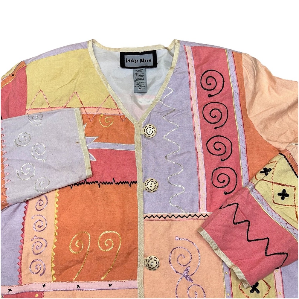 Indigo Moon Pastel Patchwork Embroidered Cardigan Jacket Linen Blend Women's M‎